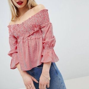 ASOS stripe bardot top with shirred detail XS